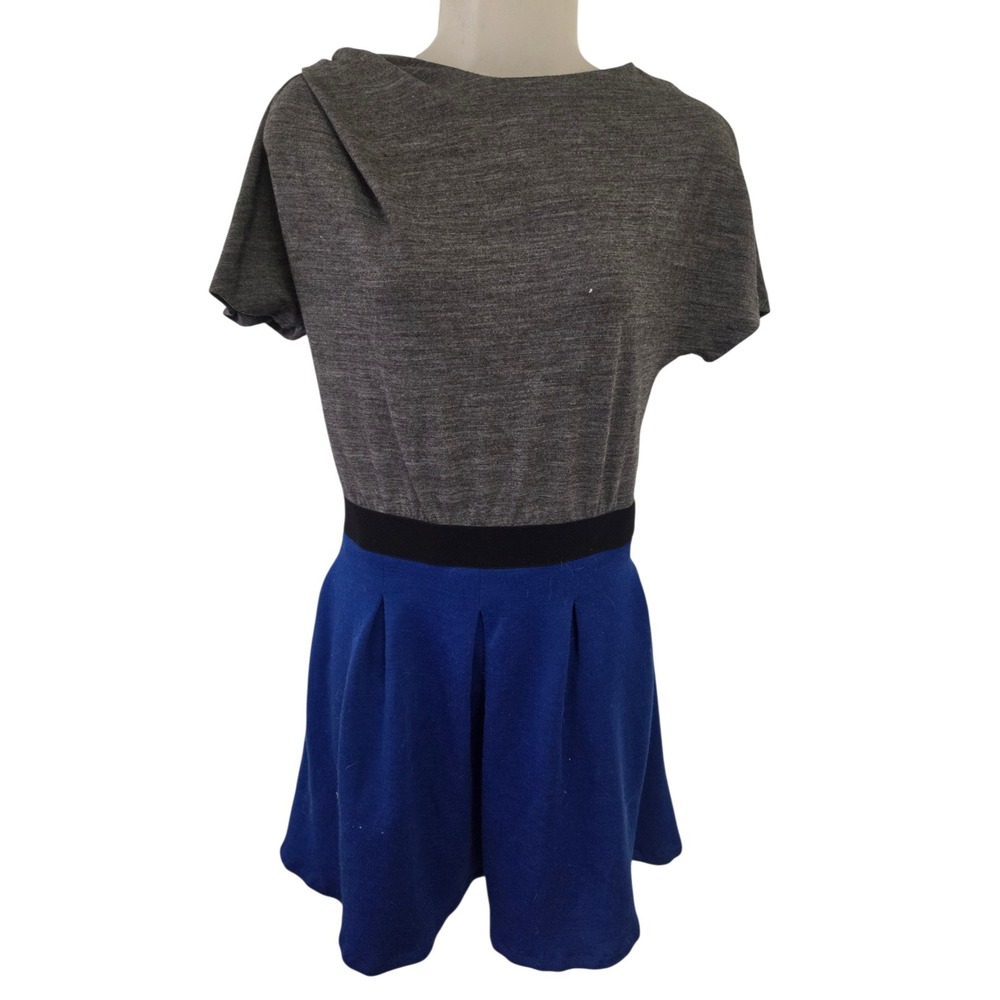 Sandro Paris Gray Cobalt Blue Colorblock Fit & Flare Pleated Skater Dress Size 1